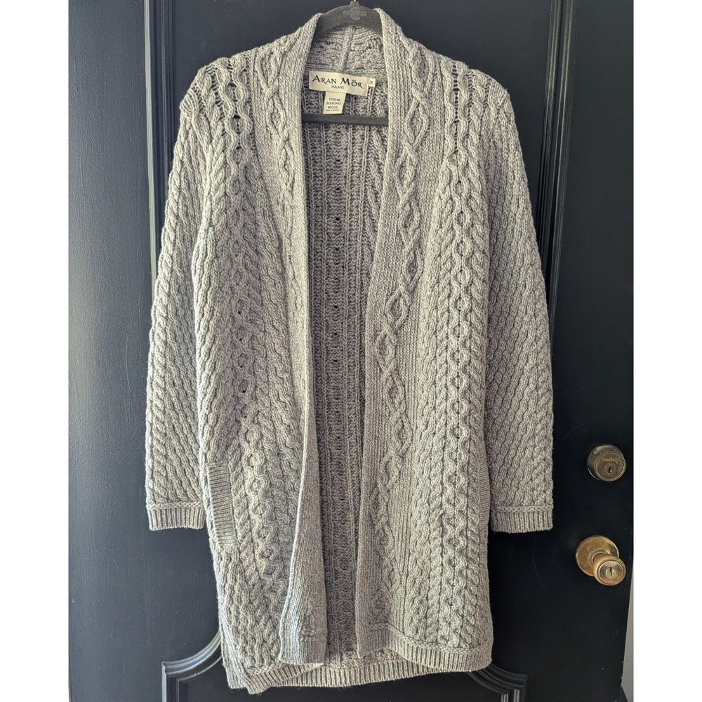 Aran Mor Ireland Womens Gray 100% Merino Wool Cable Knit Open Cardigan Sweater M